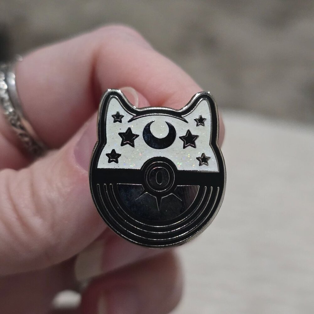 Celestial Kitty ✦ Cat Moon Enamel Pin ✦ Poké Ball Stars Crescent Badge Silver